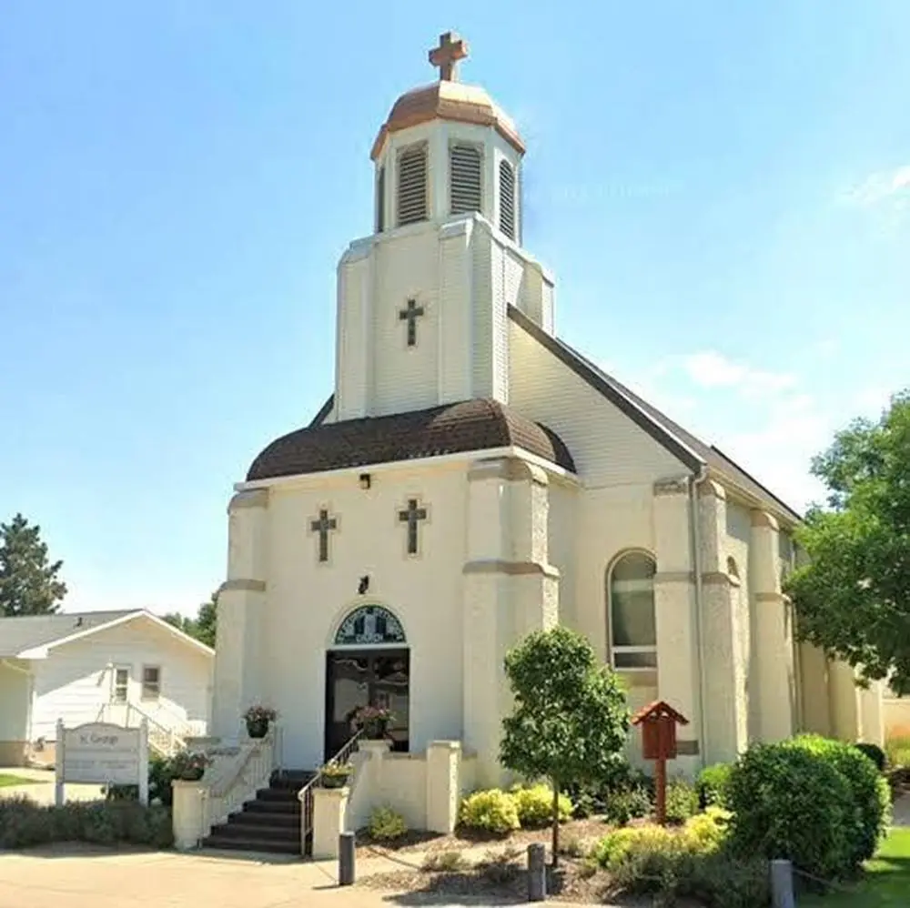 The front steps and doors of St. George Orthodox Church on Avenue G in Kearney