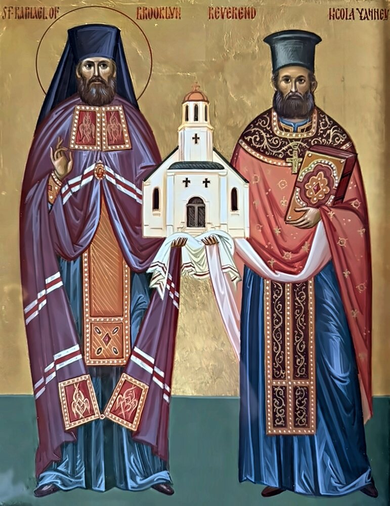 Icon of St. Raphael of Brooklyn and the Reverend Nicola Yanney holding a model of St. George Church